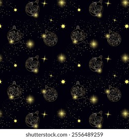 Pattern with golden Christmas tree balls.Vector seamless pattern with outline golden Christmas tree balls and stars on a black background.