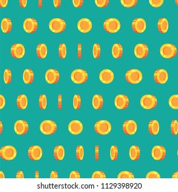 Pattern golden coins isolated on green background. Seamless pattern money coins. Gold money background