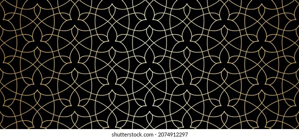 Patrón con líneas curvadas doradas, flores estilizadas y estrellas sobre fondo negro. Diseño floral abstracto de Vector sin mangas al estilo árabe. Ornamento decorativo para papel pintado, tejidos y tejidos.