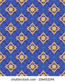 The pattern of golden diamonds on a dark blue background.