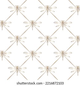 Pattern with golden dragonflies.Vector seamless pattern with golden dragonflies on a transparent background.