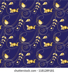 Pattern with golden elegant curls on a blue background. Vector illustration