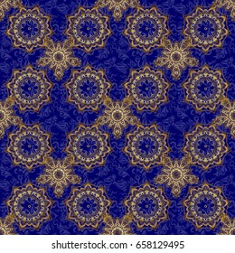 Pattern with golden elements on a blue background. Vintage seamless texture. Can be used for luxury greeting rich card. Vector gold ornament on a blue background.