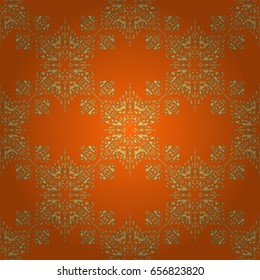 Pattern with golden elements on a orange background. Can be used for luxury greeting rich card. Vector gold ornament on a orange background. Vintage seamless texture.