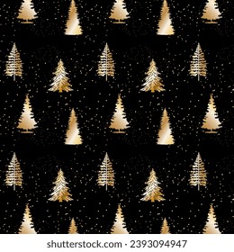 Pattern with golden fir trees.Vector seamless pattern with golden fir trees and snow on a black background.
