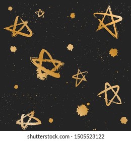 Pattern golden hand drawn grunge stars and dots. Night sky. For wrapping paper.