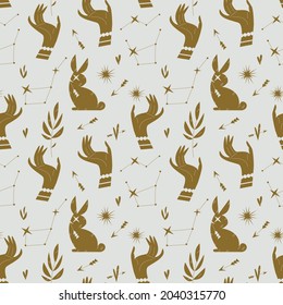 Pattern with golden hands, stars and bunnies in a minimalist style. Seamless mystical pattern on the theme of Tarot cards, mysticism and magic. Gold and white - beautiful feminine decor.