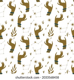 Pattern with golden hands, stars and plants in a minimalist style. Seamless mystical pattern on the theme of Tarot cards, mysticism and magic. Golden blue color - beautiful feminine decor