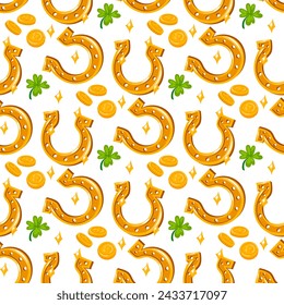 Pattern is a golden horseshoe, coins and clover. Vector seamless pattern for St. Patrick's Day with green shamrock leaves, gold coins and horseshoes on a white. Holiday packaging for good luck