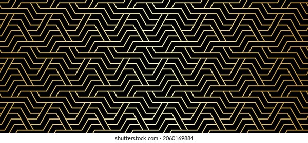 Pattern with golden lines and geometric shapes on black background. Seamless geometric abstract linear design. Monochrome lattice background. Vector Graphic design for textile, fabric, wallpaper.