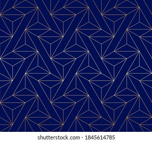 Pattern with golden lines and polygons on dark blue background. Stylish abstract geometric diamond texture. Seamless linear pattern for fabric, textile and wrapping. Modern stylish cristal swatch.