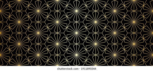 Pattern with golden lines, stars and polygons on black. Abstract geometric texture. Stylish design in Arabic style. Vector ornament for textile, fabric and wrapping. Seamless linear background.
