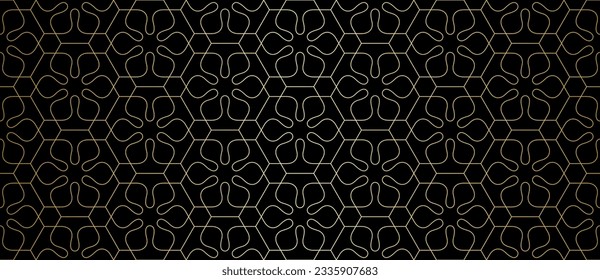 Muster mit goldenen Linien und stilvollen Blumenelementen auf schwarzem Hintergrund. Nahtloses, abstraktes Vektordesign. Dekoratives Gitter im arabischen Stil. Hintergrund für Textilien, Gewebe und Tapeten.