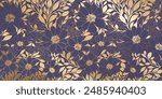 Pattern of Golden Metallic Foiled Contour Flowers and Leaves on English Violet Background. Luxurious Art Deco Wallpaper Design for Print, Poster, Cover, Banner, Invitation, Package, Beauty Products.