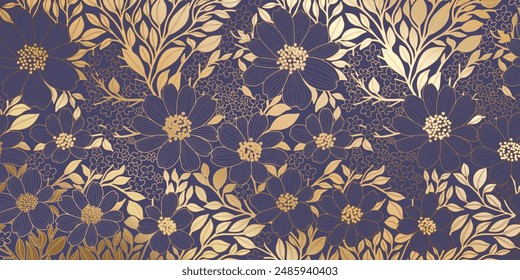 Pattern of Golden Metallic Foiled Contour Flowers and Leaves on English Violet Background. Luxurious Art Deco Wallpaper Design for Print, Poster, Cover, Banner, Invitation, Package, Beauty Products.