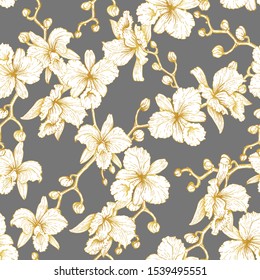 Pattern of golden orchids on a gray background. White orchids in a golden contour. Grey background. Wallpaper, print for fabric and paper.
