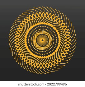 Pattern with golden oriental elements on black background. Abstract traditional black and golden ornament. Openwork drawing, part of the logo. Flat cartoon vector illustration