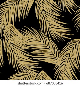 Pattern with golden palm leaves on a black background. Hand drawing. Seamless for fabric design, gift wrapping paper and printing and web projects.