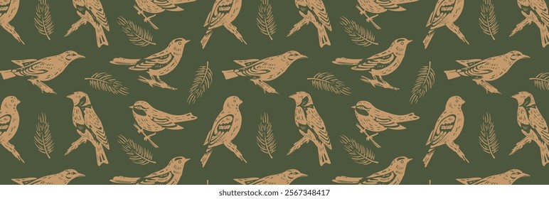 Pattern of golden silhouettes of wild forest birds and fir branches on green background. Songbirds, tit, grosbeak, goldfinch and oriole. Gold fabric engraving of nature motifs. Seamless vector