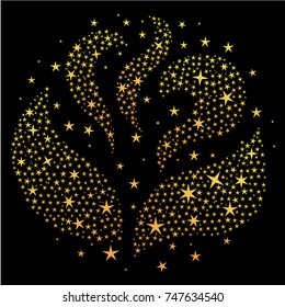 The pattern of golden stars in the night sky, like a bonfire or leaves. Isolated vector color image on a black background.