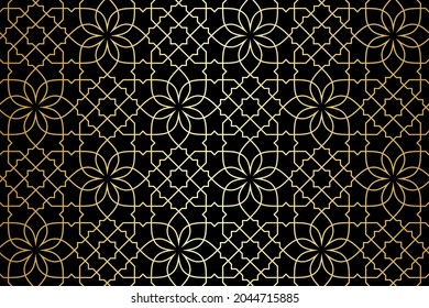 Pattern with golden stars and zigzag lines on black background. Seamless Abstract texture. Trendy design in Arabic style for fabric, textile and wrapping. Monochrome Vector linear swatches.