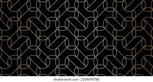 Pattern with golden straight and arc lines, stylized flowers and stars on black background. Seamless Vector abstract floral design. Decorative ornament for wallpaper, textile and fabric.
