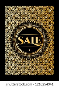 Pattern of golden stylish background in retro style for sale or discount on black background. Vector color illustration.