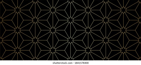 Pattern with golden thin lines and polygons. Stylish abstract geometric diamond texture in light color. Seamless linear pattern for fabric, textile and wrapping. Black swatch for jewelry design.
