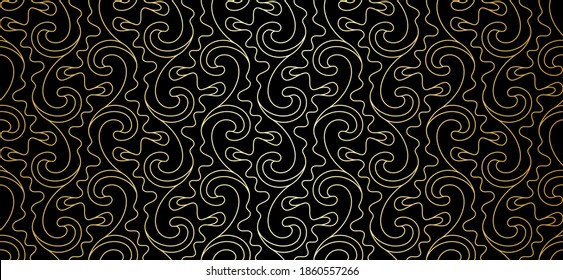 Pattern with golden wavy lines and scrolls on black background. Seamless vector design for textile, fabric and wrapping. Trendy abstract geometric texture.