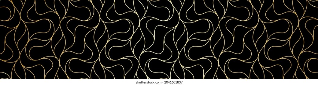 Pattern with golden wavy lines and scrolls on black background. Abstract linear design in Art Deco style. Seamless vector design for textile, fabric and wrapping.