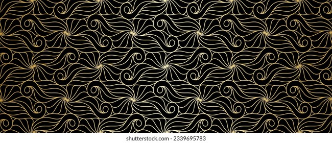 Pattern with golden wavy lines and scrolls on black background. Vector seamless floral pattern. Trendy Decorative lattice in Art Deco style. Trendy design for textile, fabric and wallpaper.