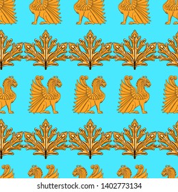 Pattern of golden winged lions and leaves on a blue background.
