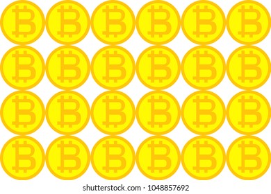 Pattern of golden yellow coins bitcoin, technology blockchein, the concept of crypto currency. Vector illustration.