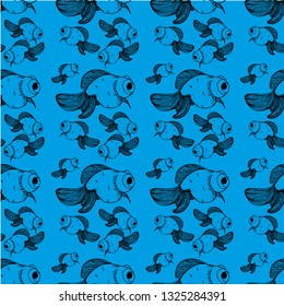 Pattern with goldfish, black color, contour, on a blue background, stock vector illustration for design and decor, prints, fabrics, wrapping paper, nautical theme, eco, sea, japanese print