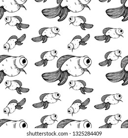 Pattern with goldfish, black color, contour, on a white background, stock vector illustration for design and decor, prints, fabrics, wrapping paper, nautical theme, eco, sea, japanese print