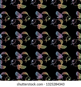 Pattern with goldfish, multi-colored, contour, on a black background, stock vector illustration for design and decor, prints, fabrics, wrapping paper, nautical theme, eco, sea, japanese print