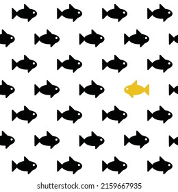 Pattern of a goldfish that swims against other fish in the other direction. The concept is against the crowd, against everyone. Choose her own way. Vector illustration isolated on white background.