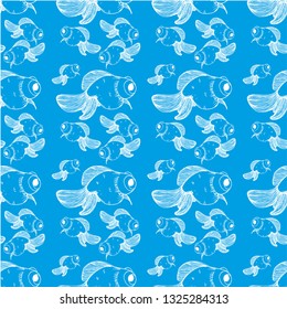 Pattern with goldfish, white color, contour, on a blue background, stock vector illustration for design and decor, prints, fabrics, wrapping paper, nautical theme, eco, sea, japanese print