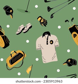 Pattern with golf elements. Sport accessories. Golf club and ball, t-shirt. Decor textile, wrapping paper, wallpaper design. Print for fabric. Cartoon flat style isolated