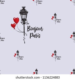 Pattern with good morning Paris text with street lantern and heart balloon. Hand drawn graphic illustration with French symbols. Vector watercolor style vintage seamless background.