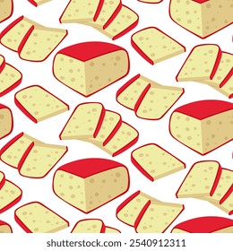 pattern of gouda cheese slices with a thin flat slice and triangular pieces, cheese in red wax package. Texture triangular slice with slicing on a white background for vector illustration for tasting