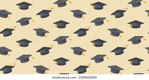 Padrão com tampas de graduação em um fundo bege. Padrão contínuo com tampas de graduação preto e cinza com borlas amarelas. Para papel de parede de graduação, envoltório, tecido.
