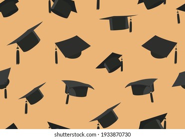 A pattern of graduation caps on a sandy brown background. Graduation concept.