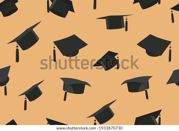 A pattern of graduation caps on a sandy brown\
background. Graduation\
concept.