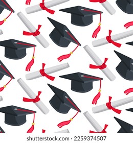 A pattern of graduation hats and diplomas for graduating from high school or college. Class 2023 in black and red colors. Congratulations to the graduates of 2023 background postcard. Packaging