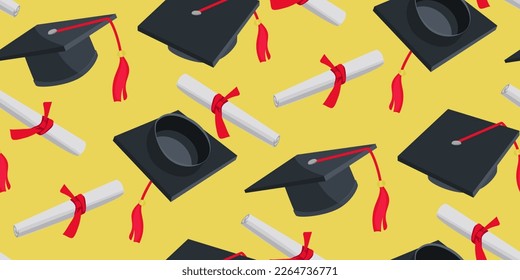 A pattern of graduation hats and diplomas for graduating from high school or college. Class 2023 in black and red colors. Congratulations to the graduates of 2023 background postcard. Packaging