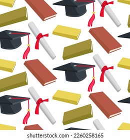 Patrón de sombreros de graduación, diplomas de bachillerato o universitario y libros. Clase 2023 en diferentes colores. Felicitaciones a los graduados de la postal de segundo plano de 2023. Envase