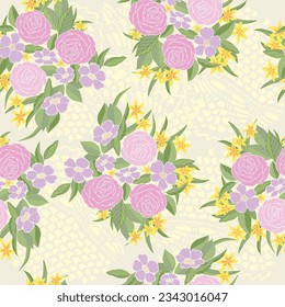 The pattern of Grandma's doily is behind these lavender wild roses and pink rose bouquets on a creme background creating a seamless repeat pattern design.