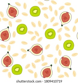 Pattern with granola, muesli, fig, kiwi on white background. Healthy food, oat flakes, vector cartoon illustration.