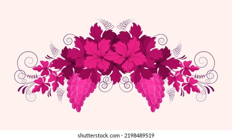 Pattern of grape branches, leaves and bunch of grapes in vintage style. Design element for the concept of growing grapes and producing wine and juice. Vector vintage pattern in red wine color.